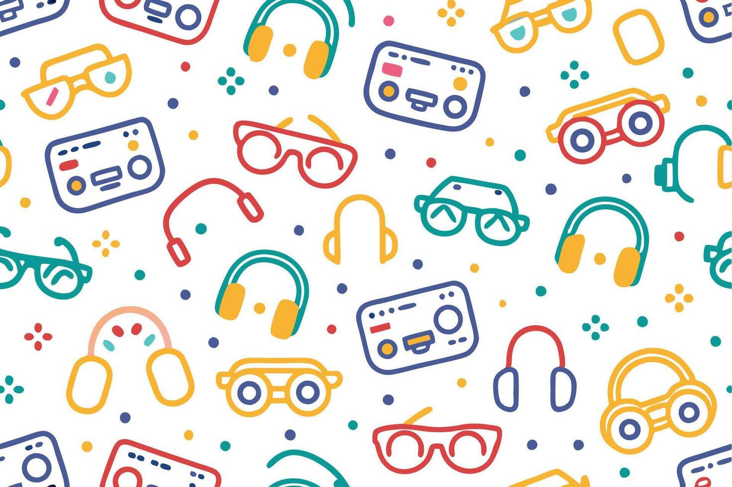 a colorful pattern with headphones and other items vector