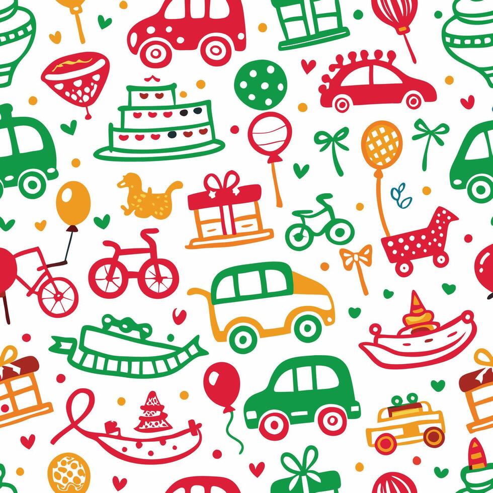 a colorful pattern with cars, bikes, balloons and other items vector