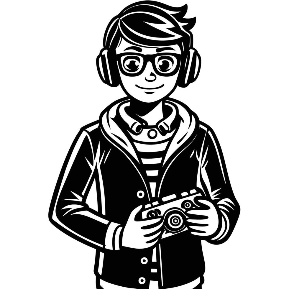 a cartoon boy with headphones and a camera vector