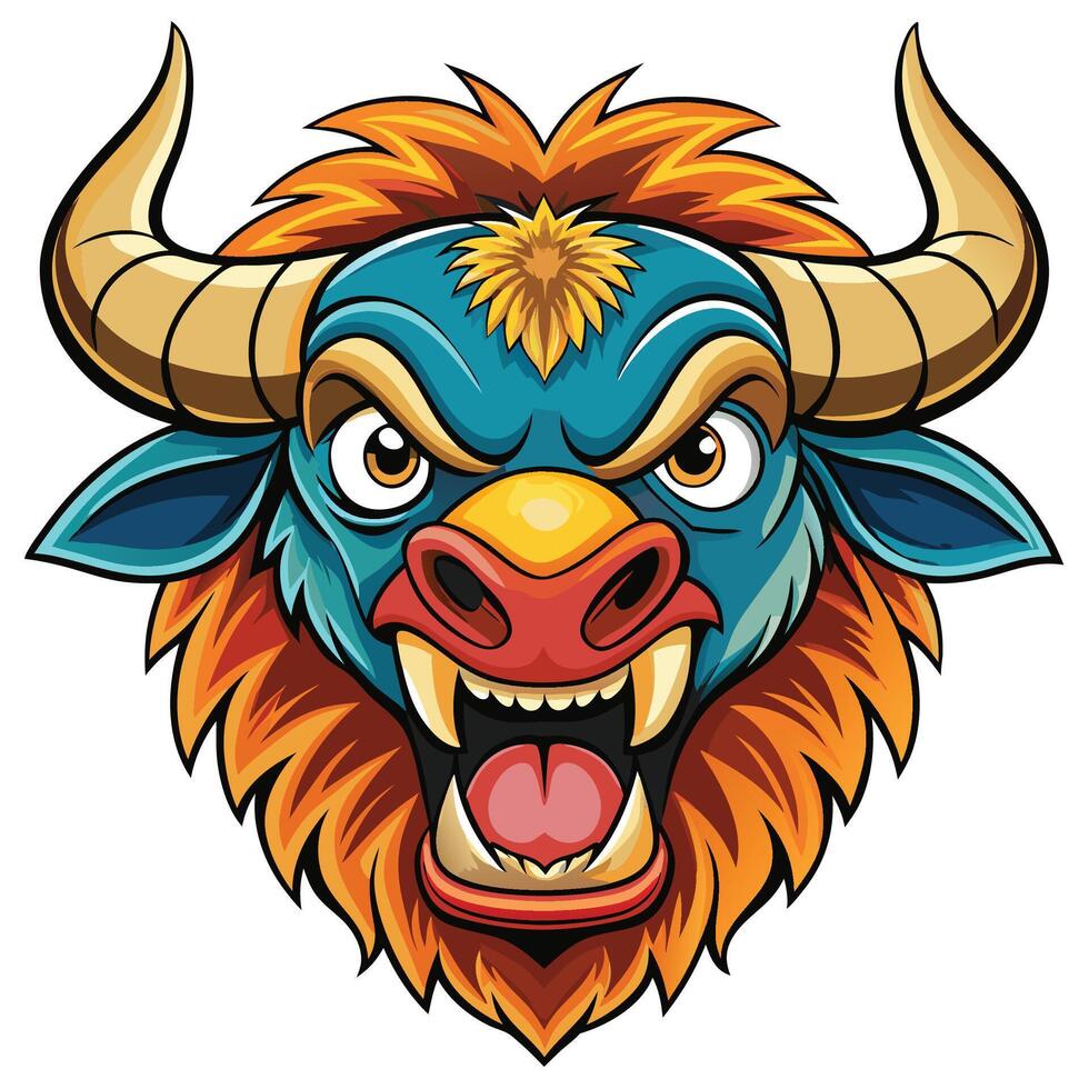 an angry buffalo head with horns and big teeth vector