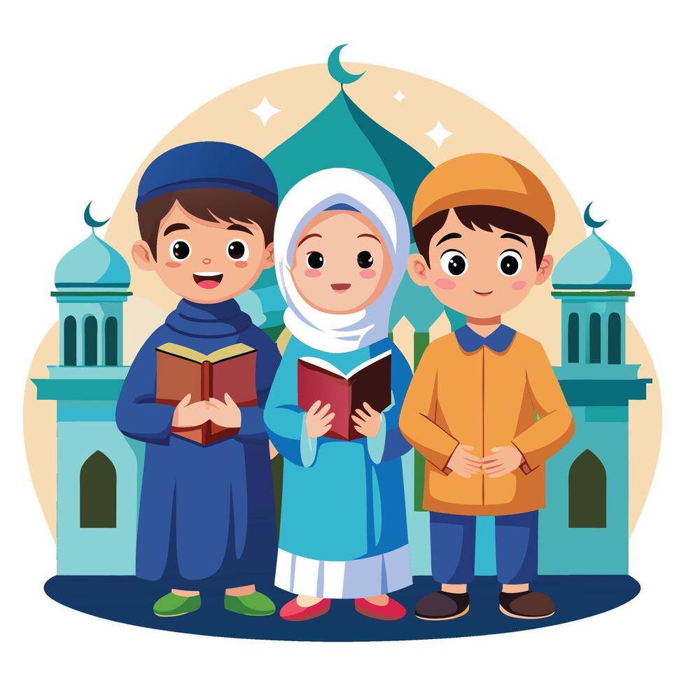 muslim children holding books and standing in front of a mosque vector