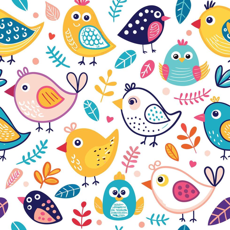 seamless pattern with colorful birds and leaves vector