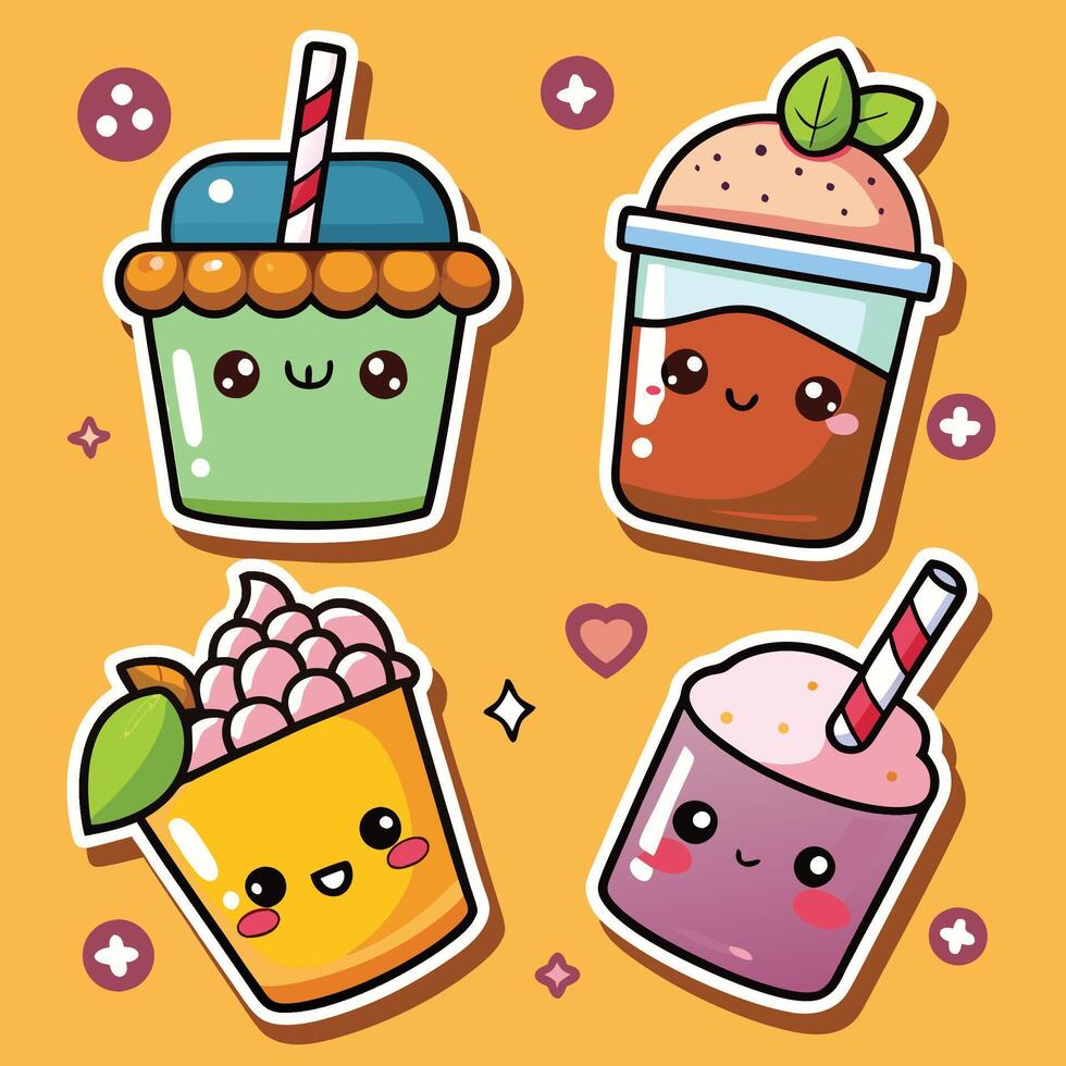 cute smoothie set with different drinks and fruits vector