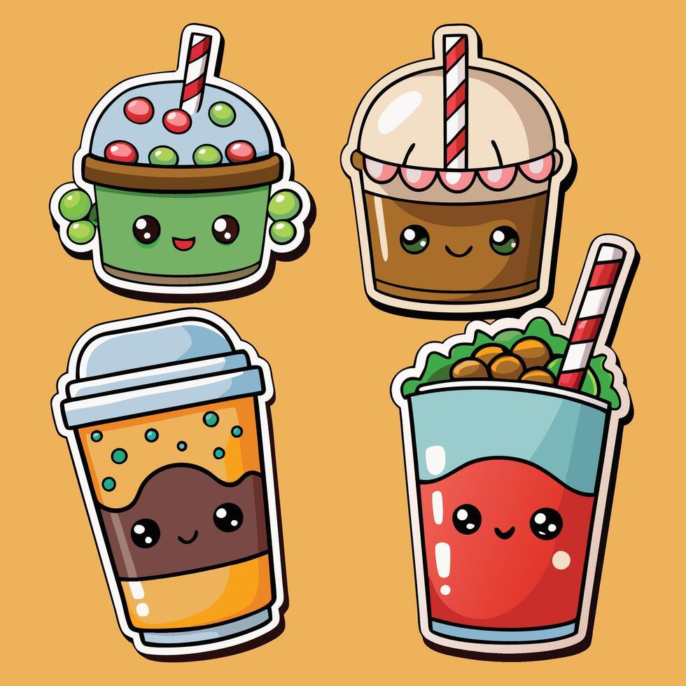 cute drink stickers set with different drinks vector