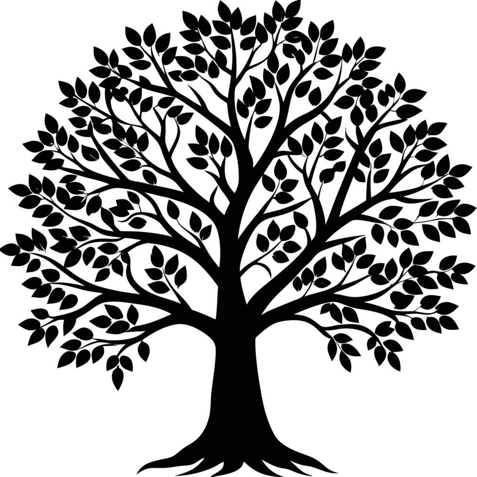 a black and white silhouette of a tree with leaves vector