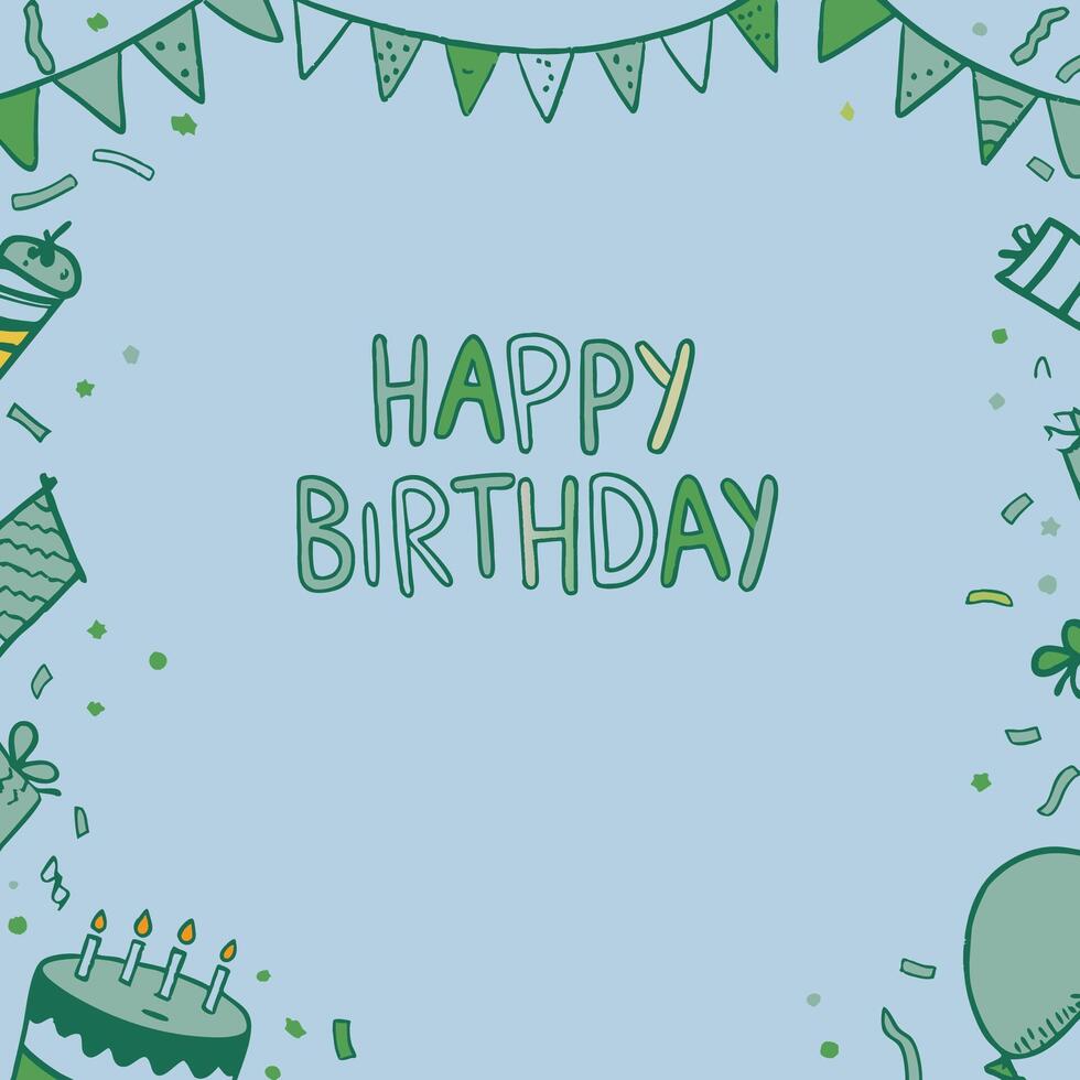 happy birthday card with green background and birthday items vector