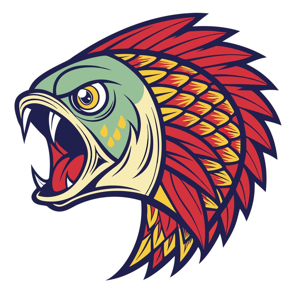 an angry fish head with a red and yellow feather vector