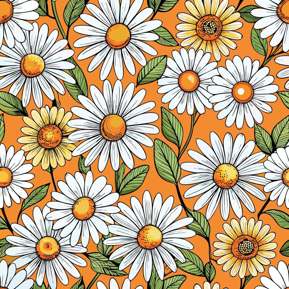 a seamless pattern with daisies on an orange background vector
