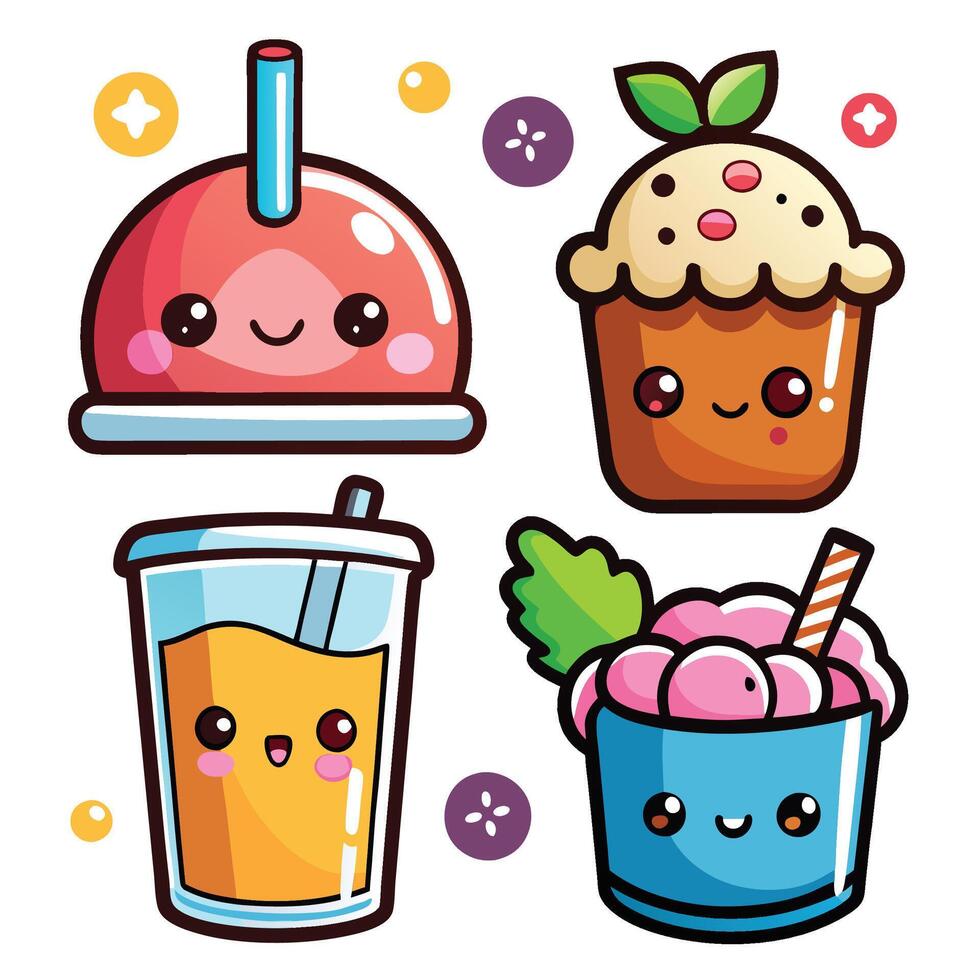 cute kawaii ice cream, smoothie, juice and cake icons set vector