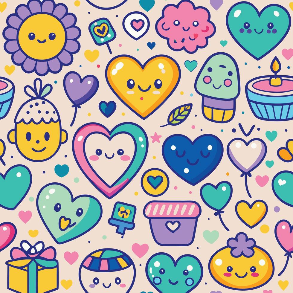 cute cartoon hearts and flowers seamless pattern vector