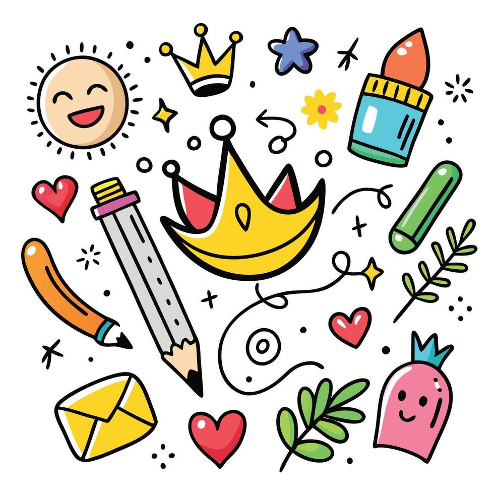cute cartoon objects with crown and other items vector