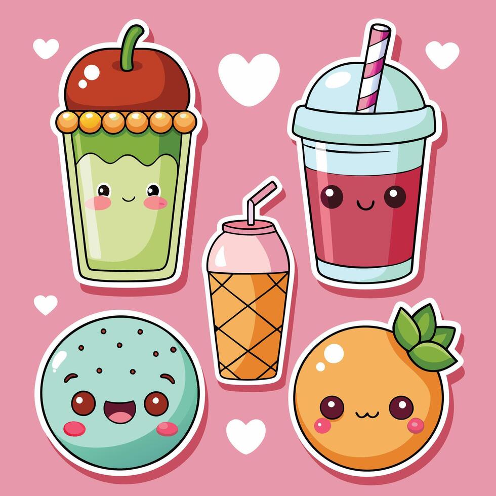 cute fruit drinks and smoothies set with hearts vector