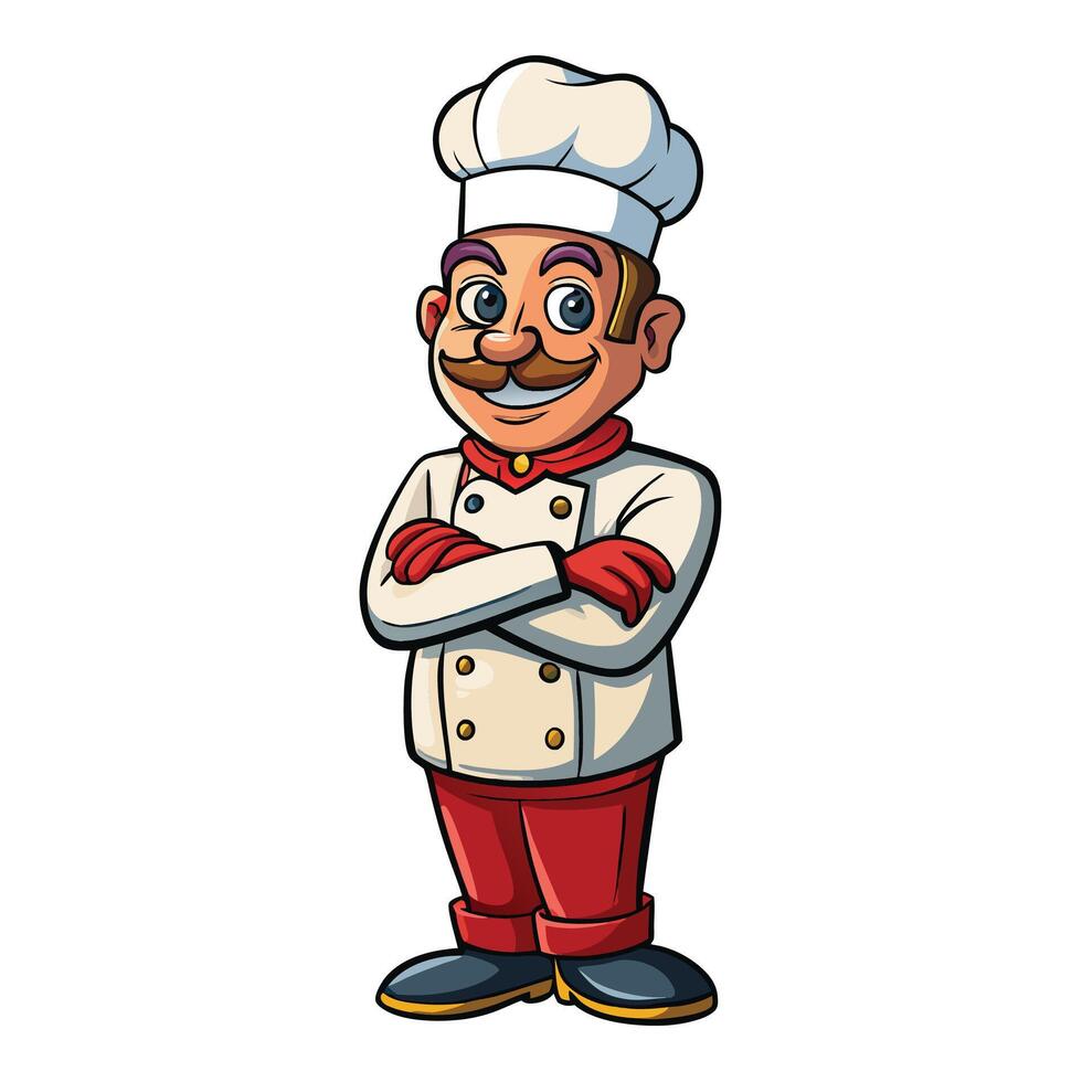 cartoon chef with arms crossed and mustache vector