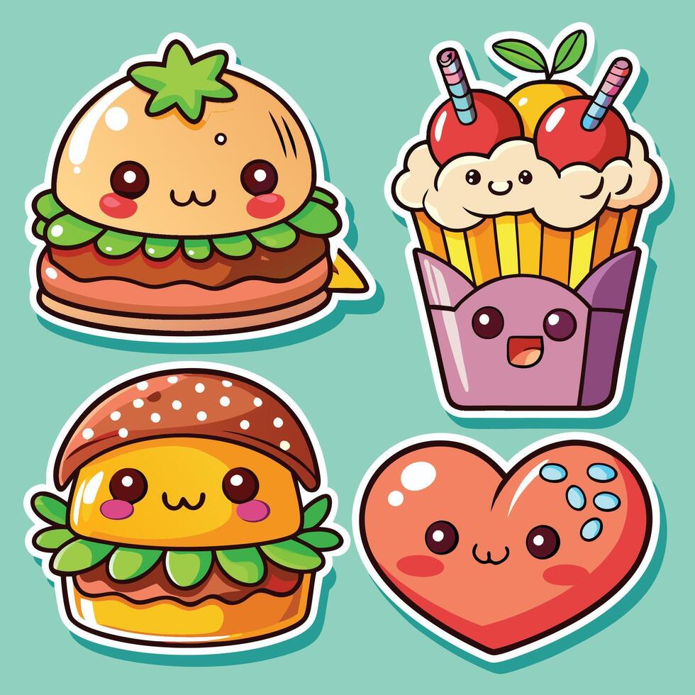 cute hamburger, burger, and ice cream stickers vector