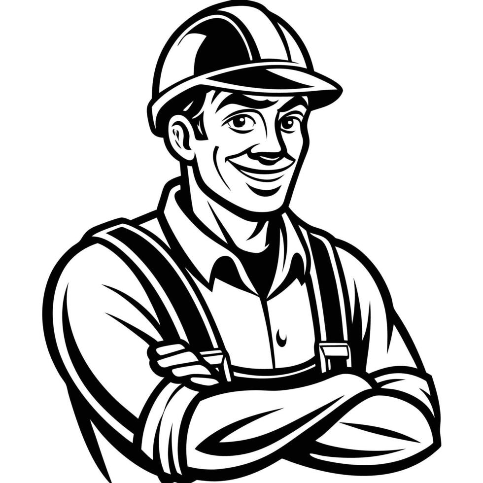 a black and white image of a man in overalls vector