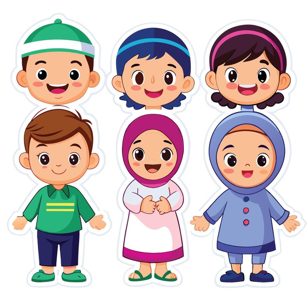 muslim children cartoon set vector