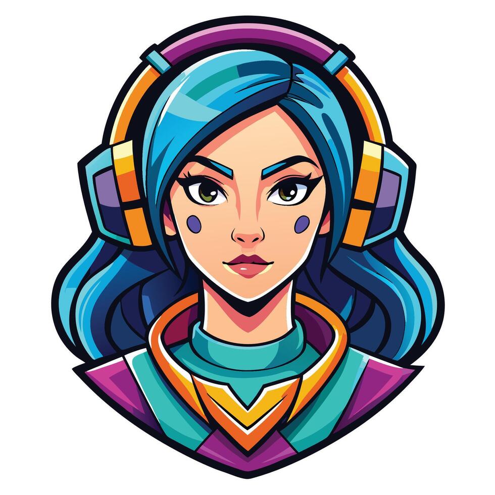 a cartoon girl with blue hair wearing headphones vector