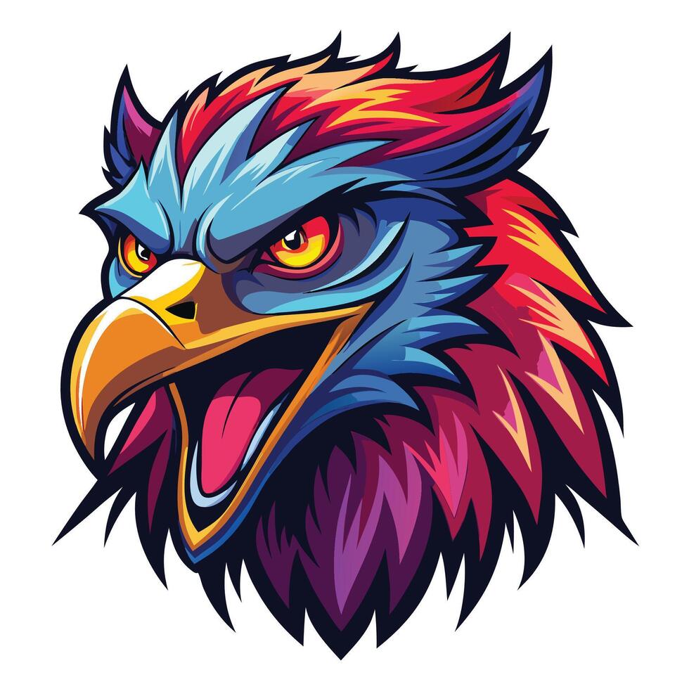 an angry eagle head with red and blue feathers vector