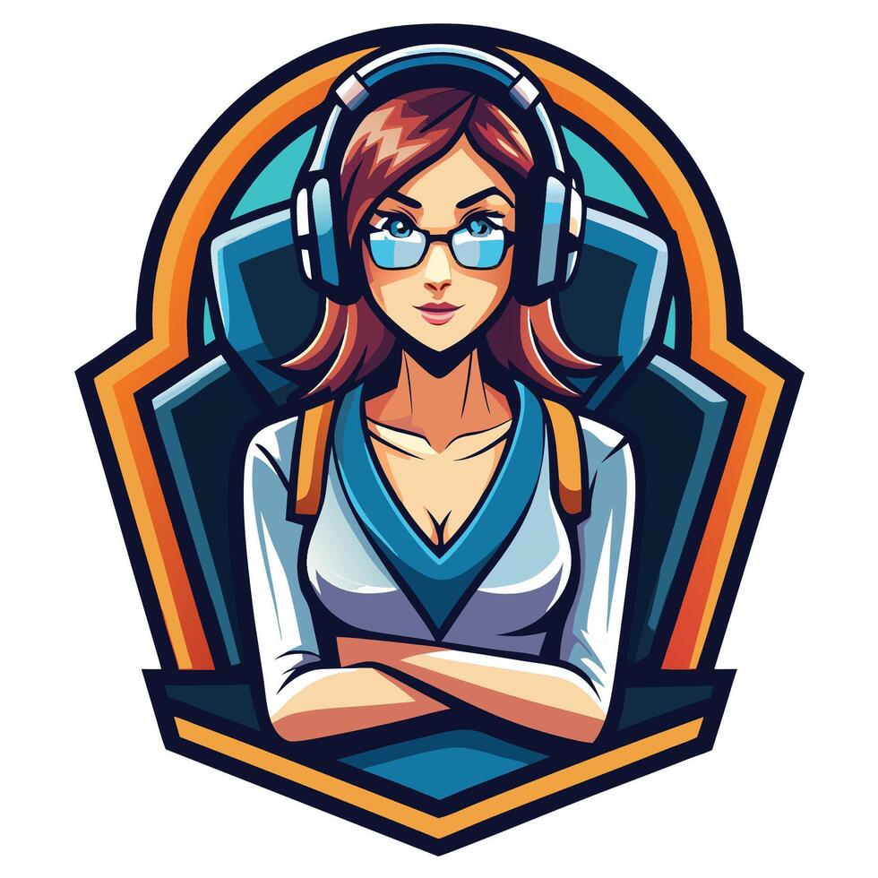 a woman with headphones and glasses is wearing a headset vector