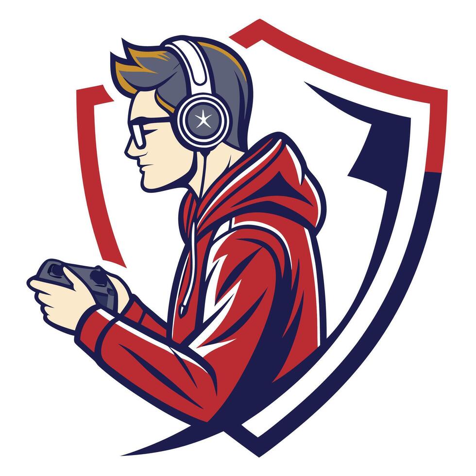 a man in a hoodie with headphones and a controller vector