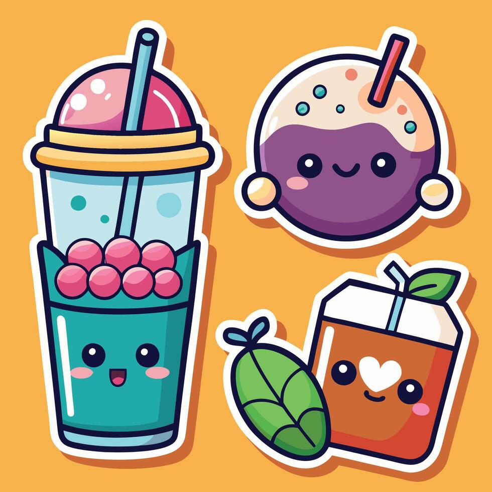 cute kawaii drink stickers set with ice cream, juice and fruit vector
