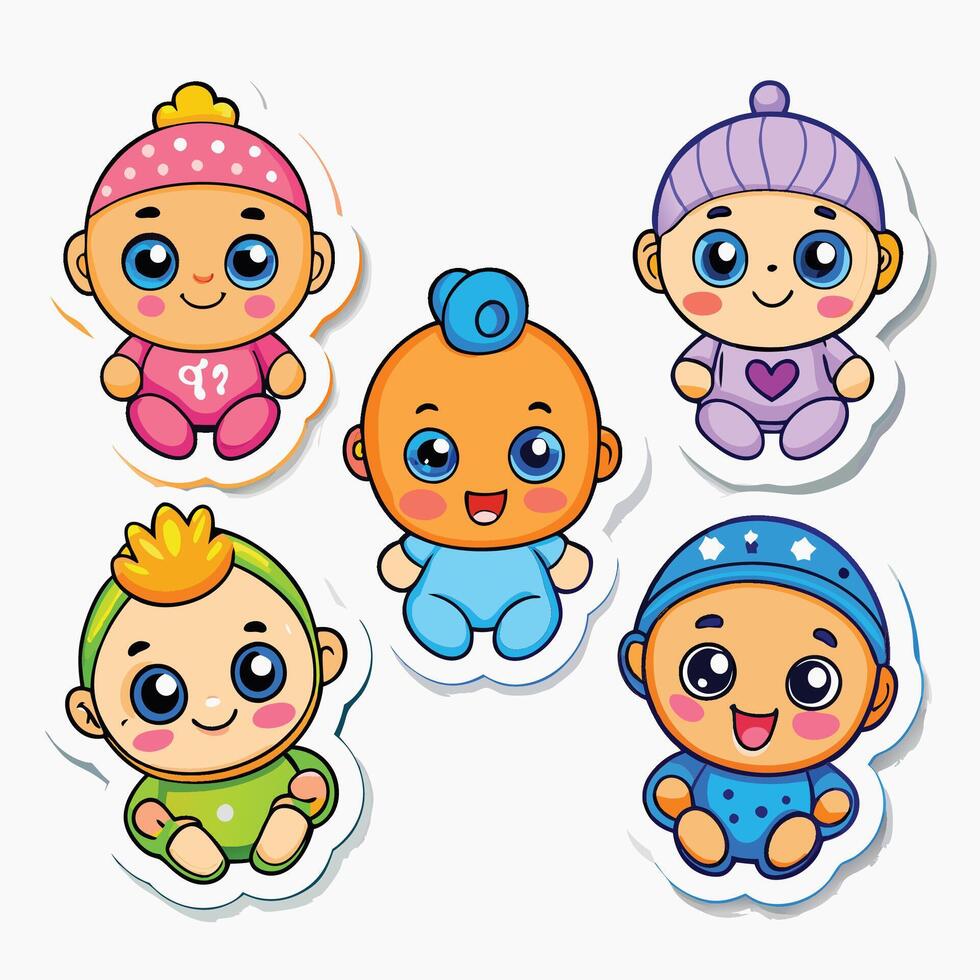 baby stickers set with cute cartoon babies vector