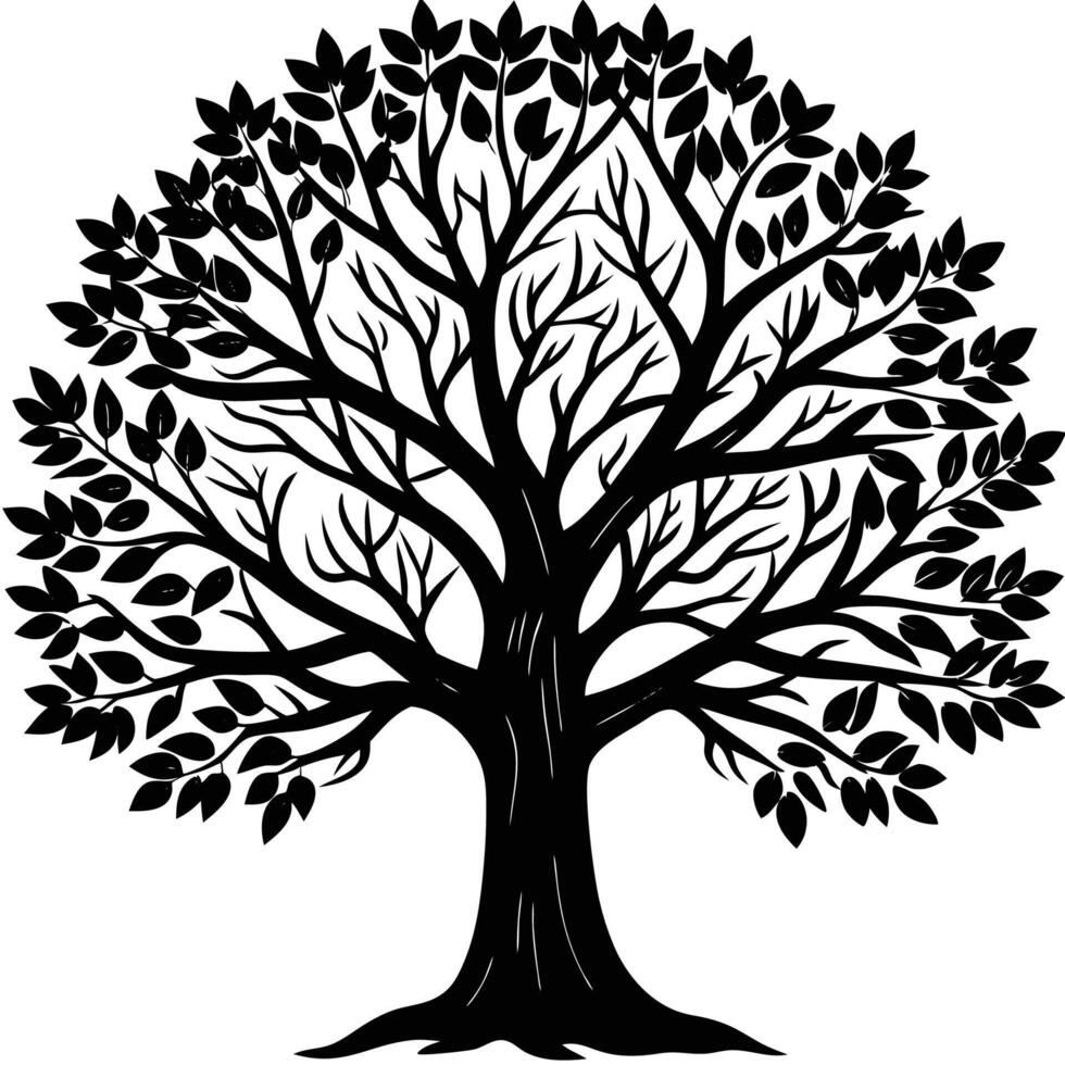 a black and white illustration of a tree with leaves vector