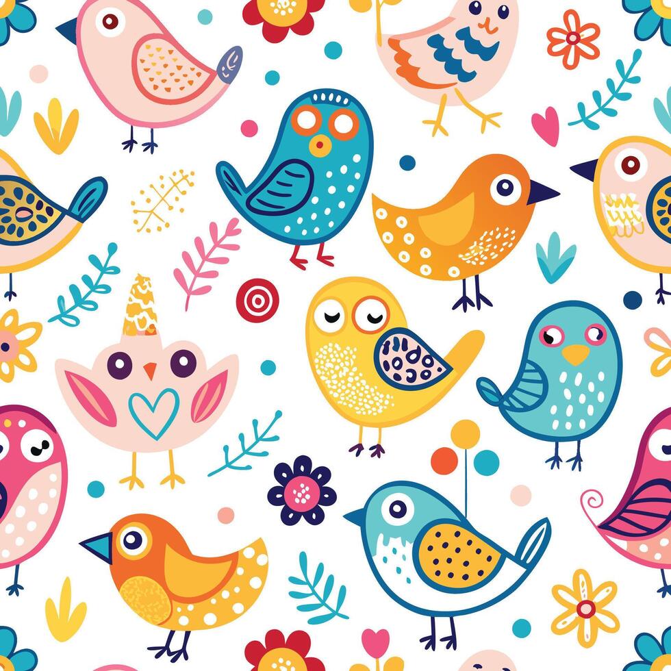 seamless pattern with colorful birds and flowers vector
