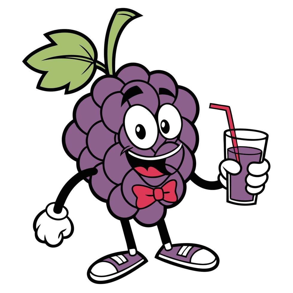 a purple grape character holding a glass of juice vector