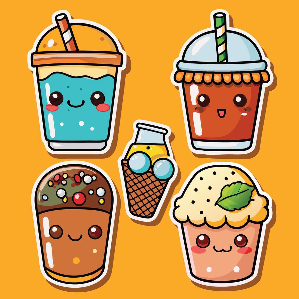 cute ice cream drinks set of stickers vector