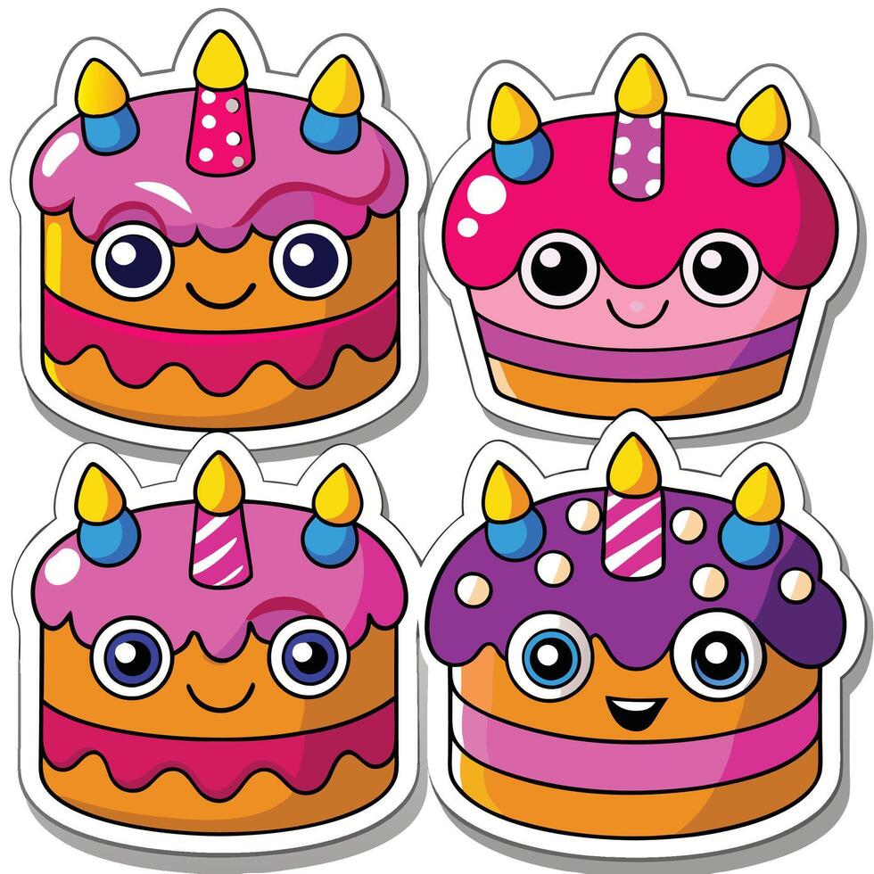 four cartoon birthday cake stickers with eyes and candles vector