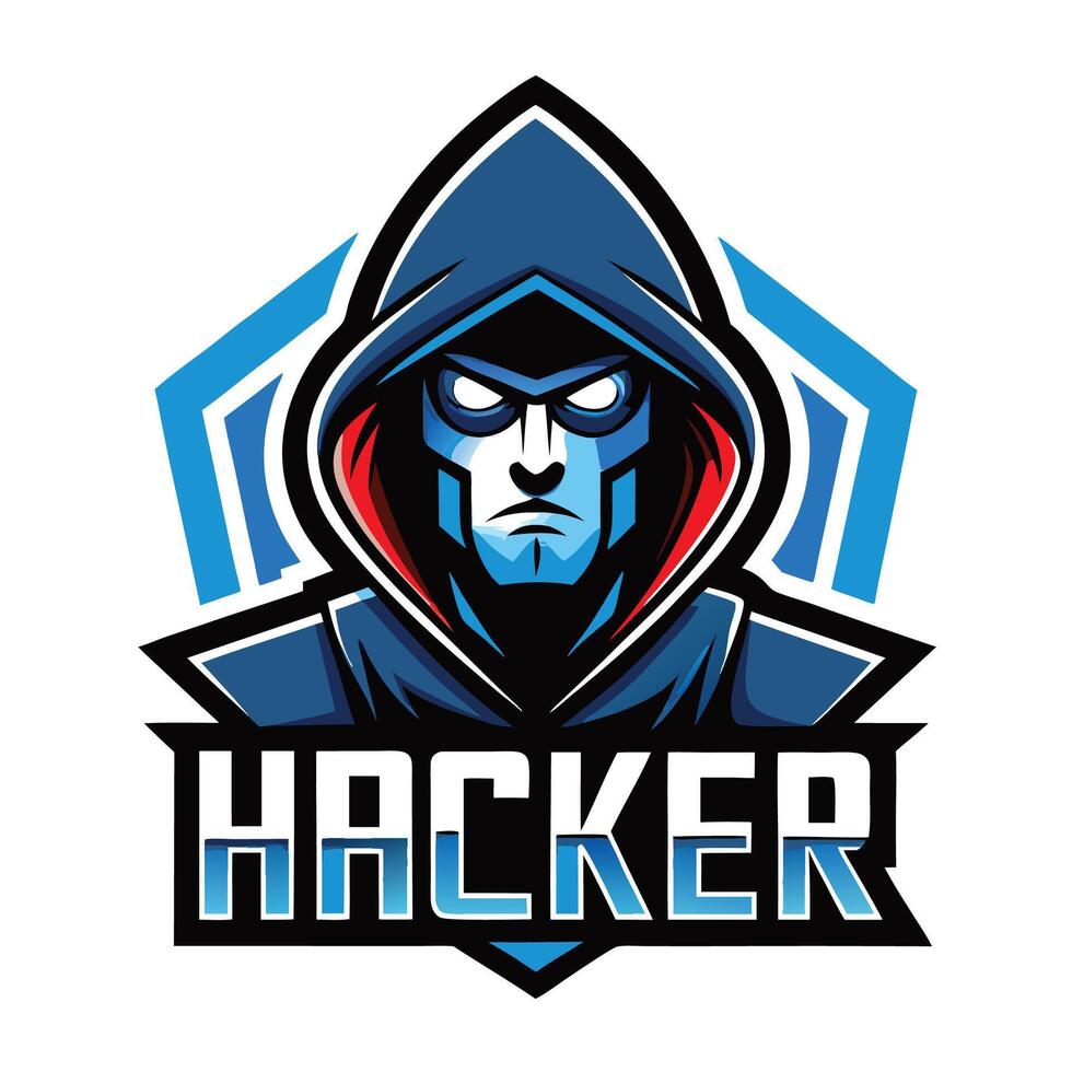 the hacker logo, with a blue hoodie and red eyes vector