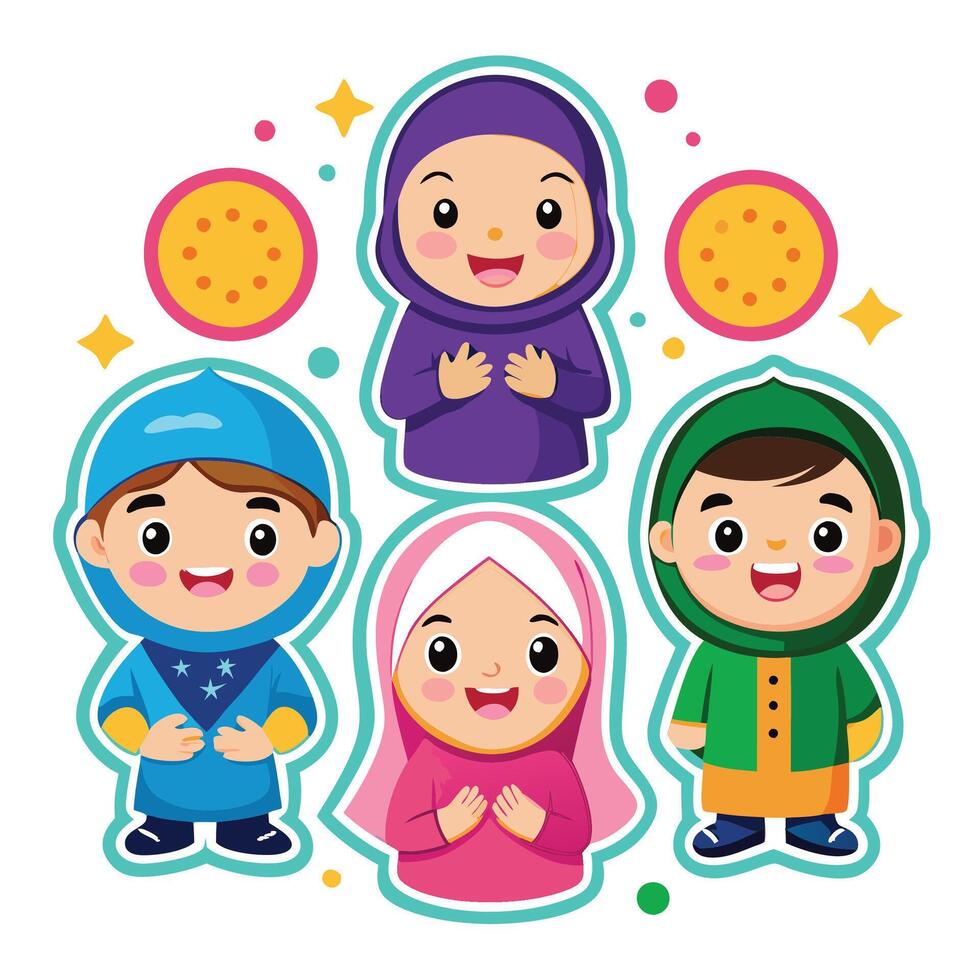cartoon muslim children with their hands up vector