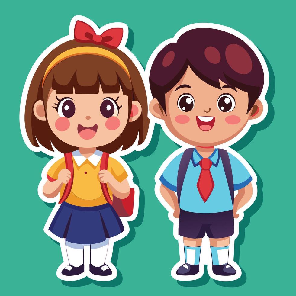 cartoon boy and girl school uniform sticker vector