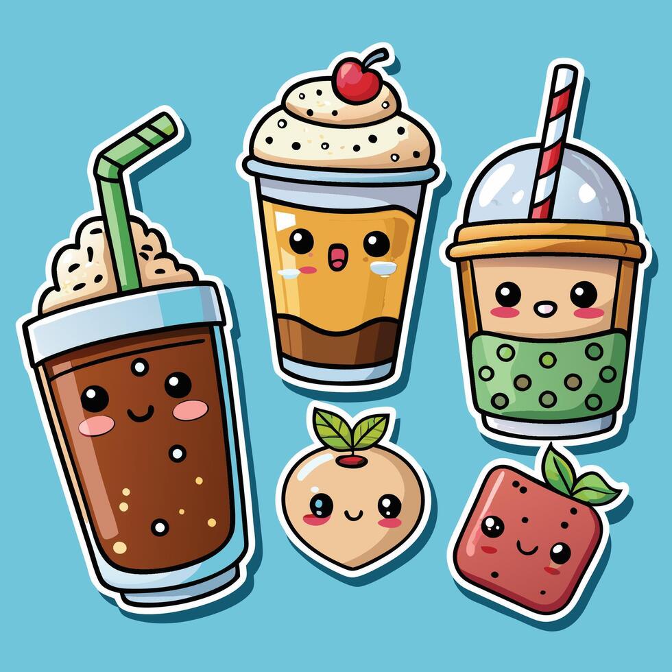 cute kawaii smoothie drink set with fruit and ice cream vector