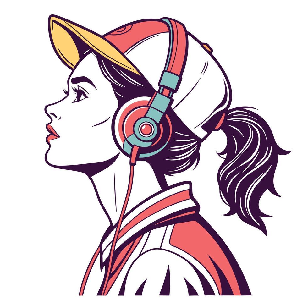 a girl in a baseball cap and headphones vector