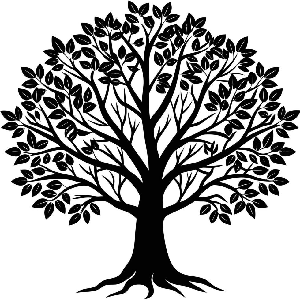a black and white silhouette of a tree with leaves vector