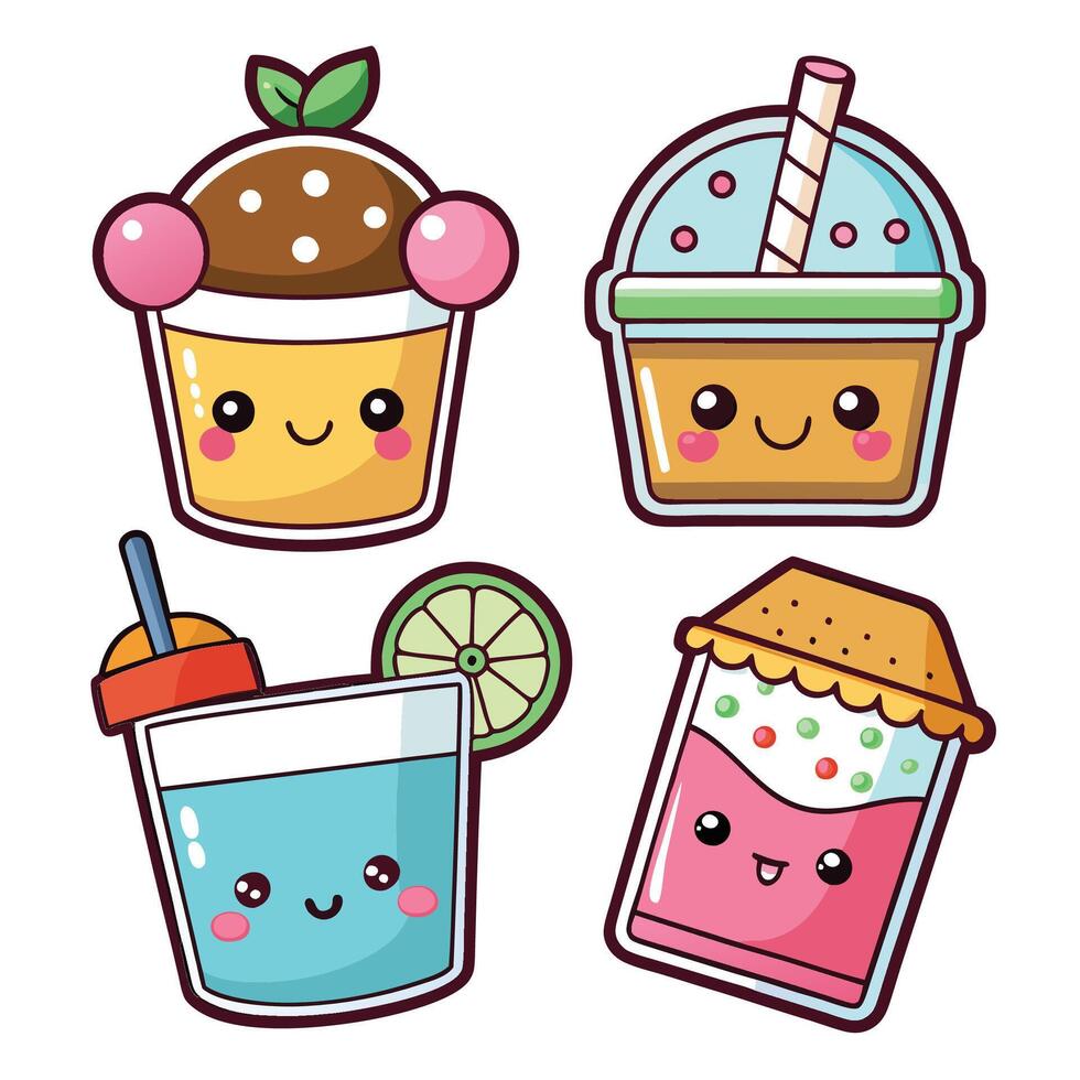 cute kawaii drinks set vector