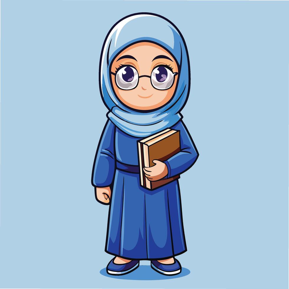 muslim girl in hijab holding a book vector