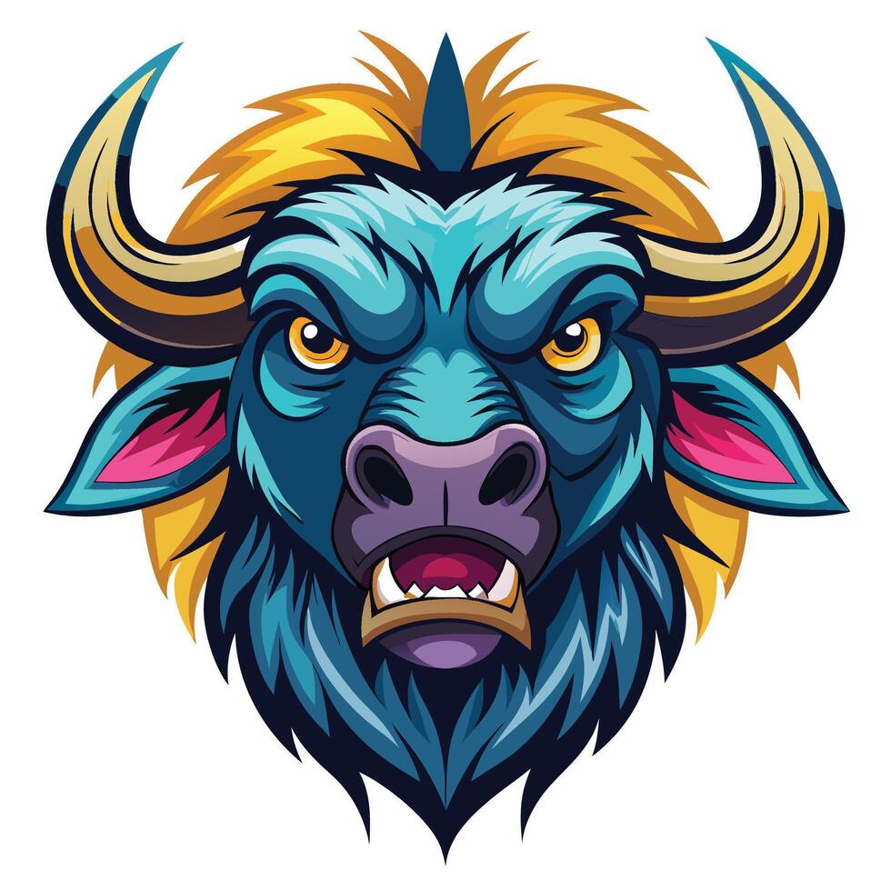an angry buffalo head with horns and a big mouth vector