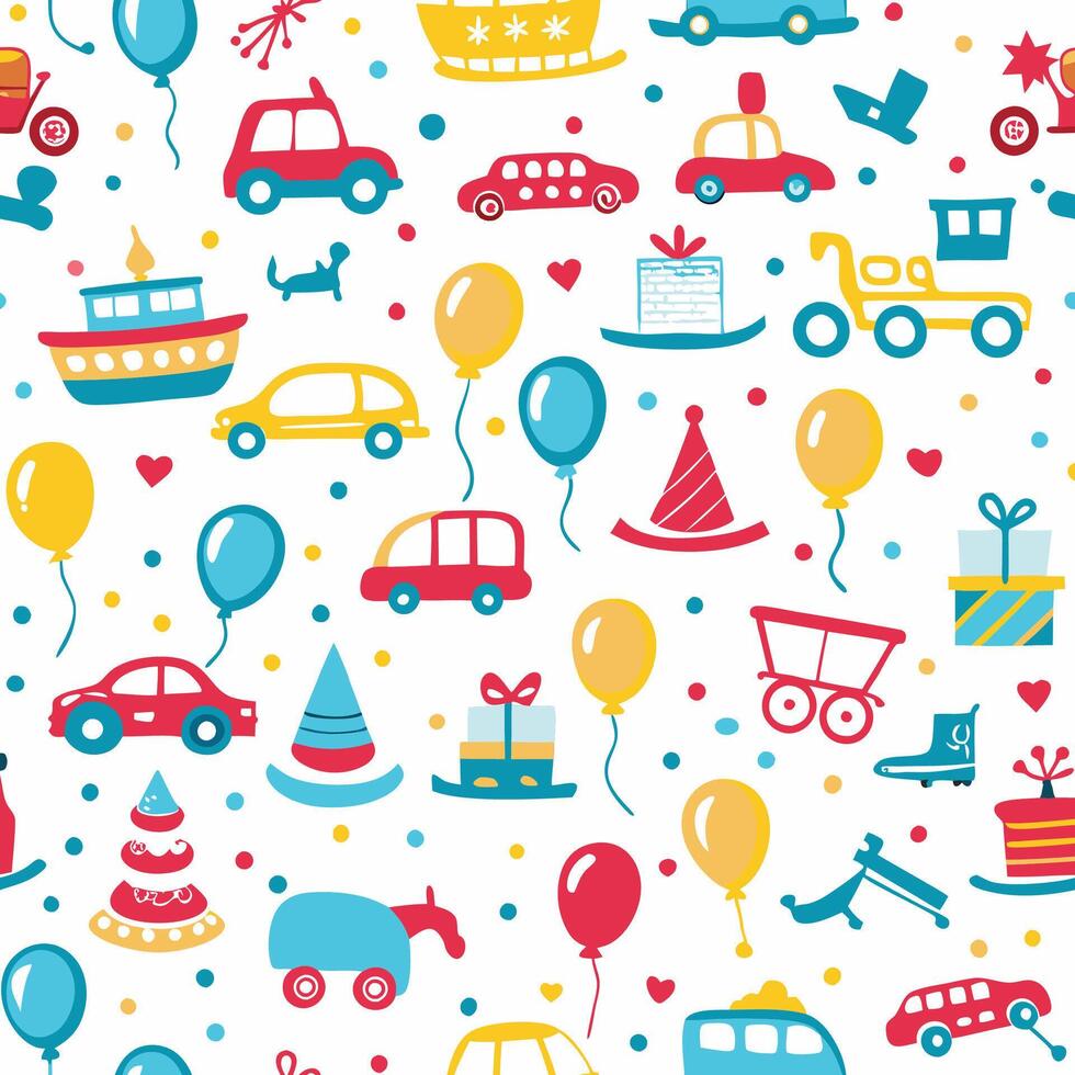 seamless pattern with cars, balloons and other items vector