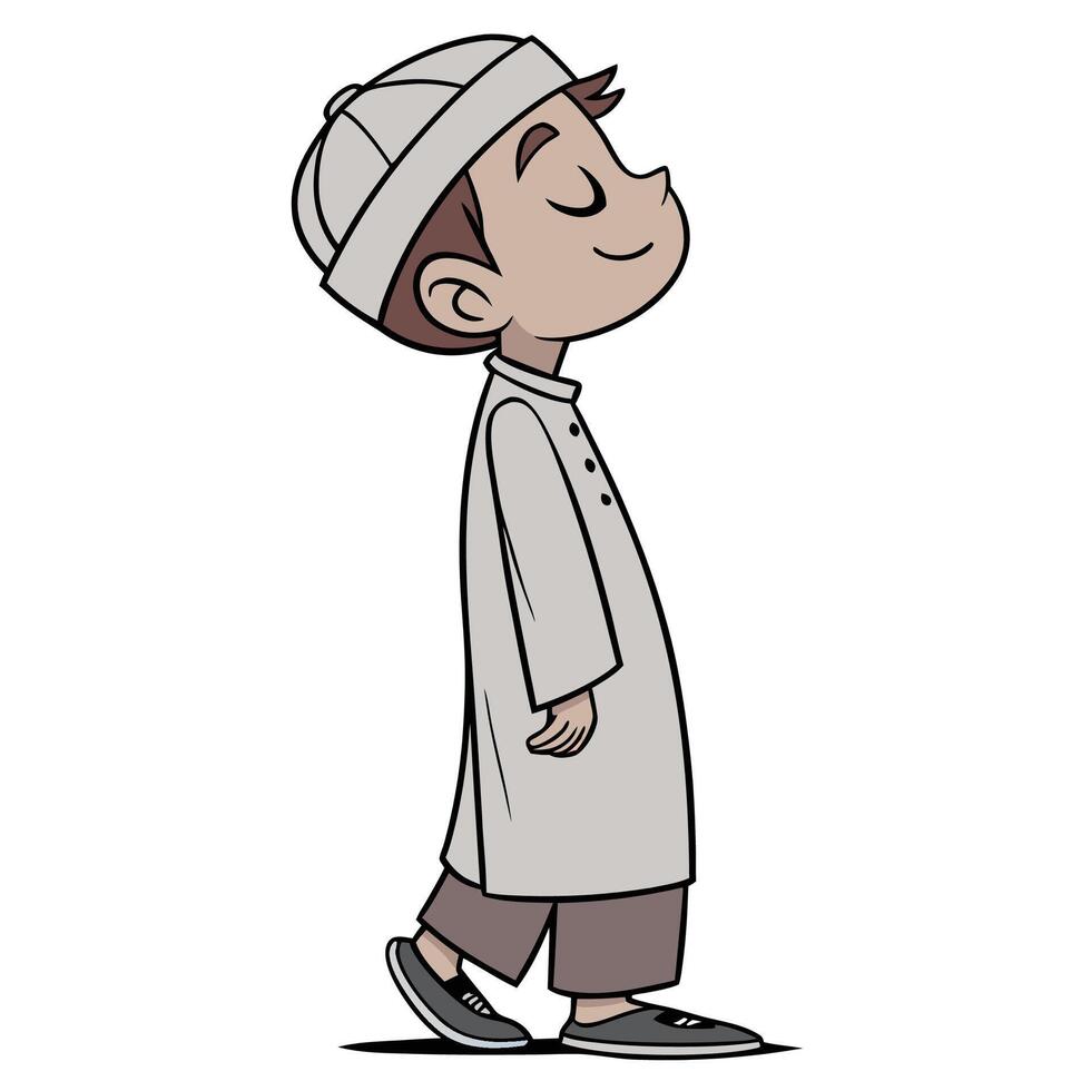 cartoon muslim boy standing with his eyes closed vector