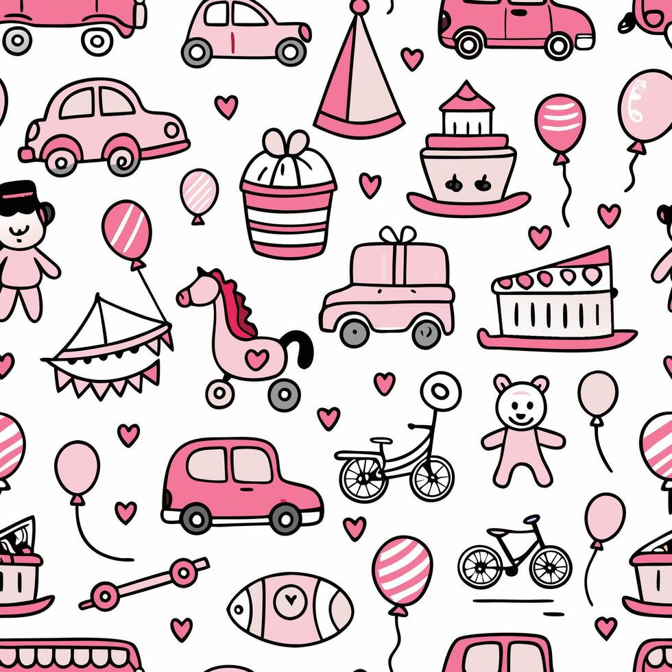 a pink seamless pattern with baby items vector