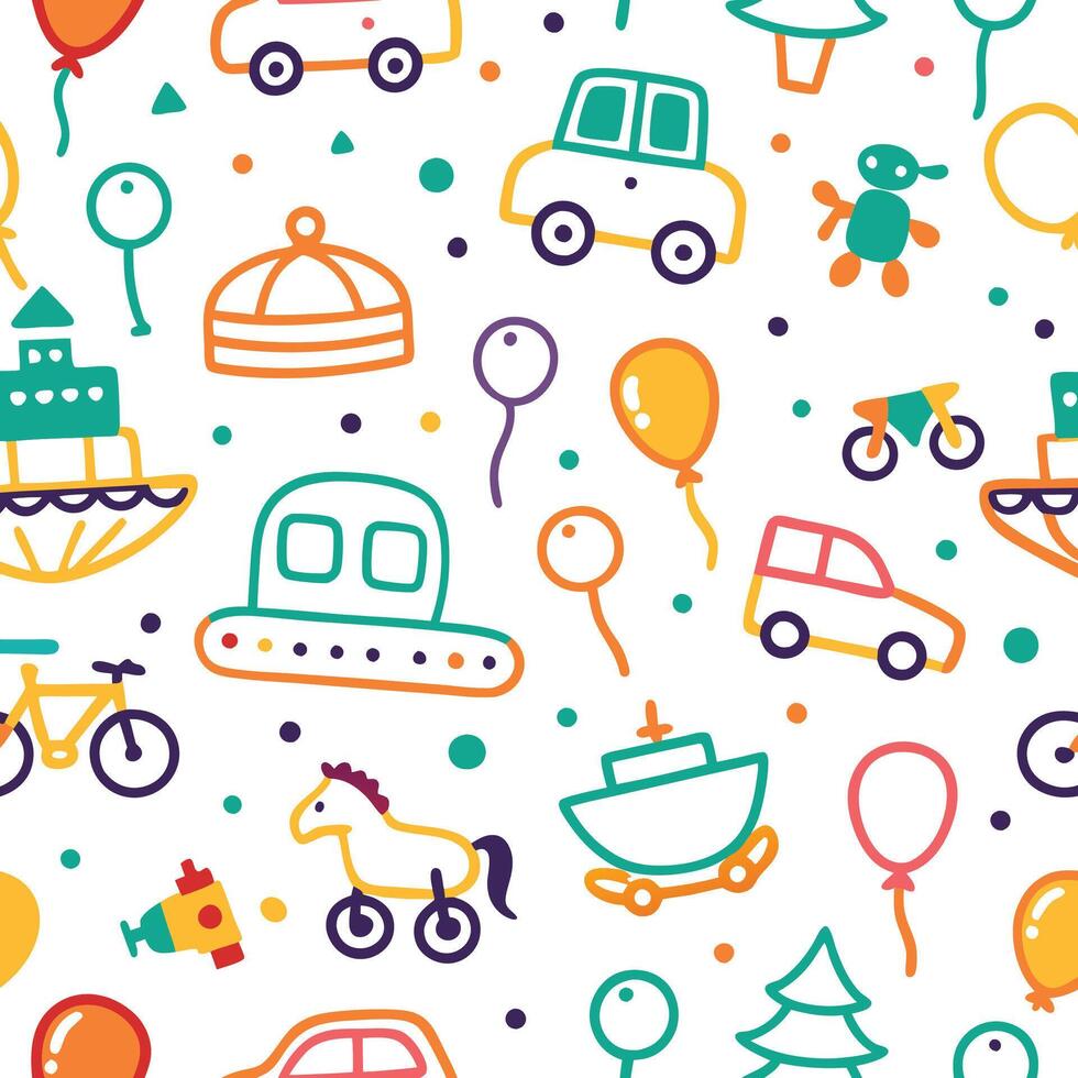 a colorful pattern with various toys and vehicles vector