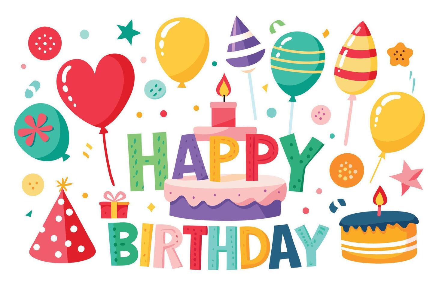 happy birthday card with balloons and cake vector