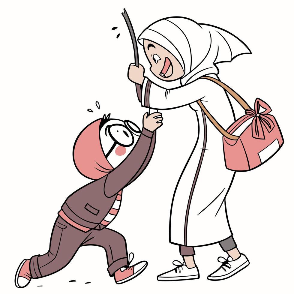 a cartoon woman is helping a boy with a stick vector