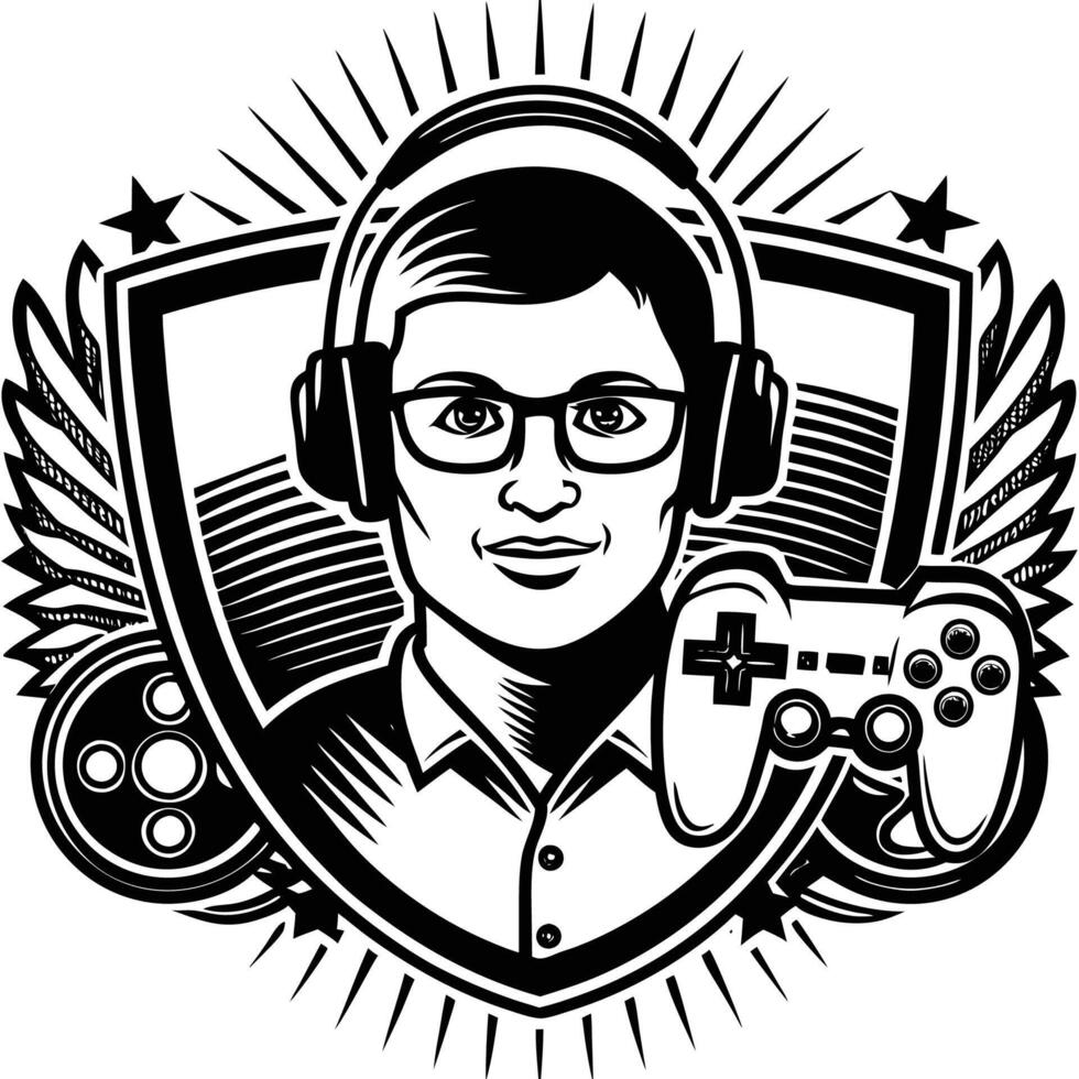 a gamer with a controller and glasses vector