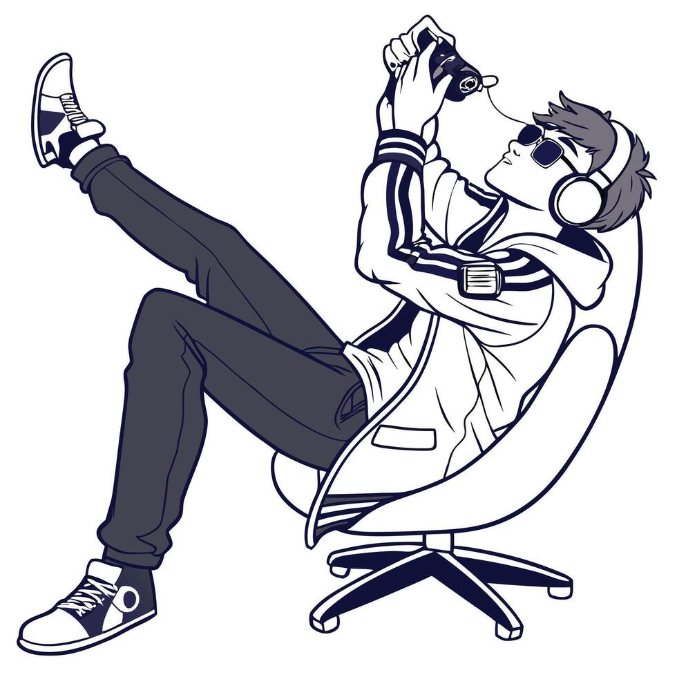 a man sitting in a chair with headphones on vector