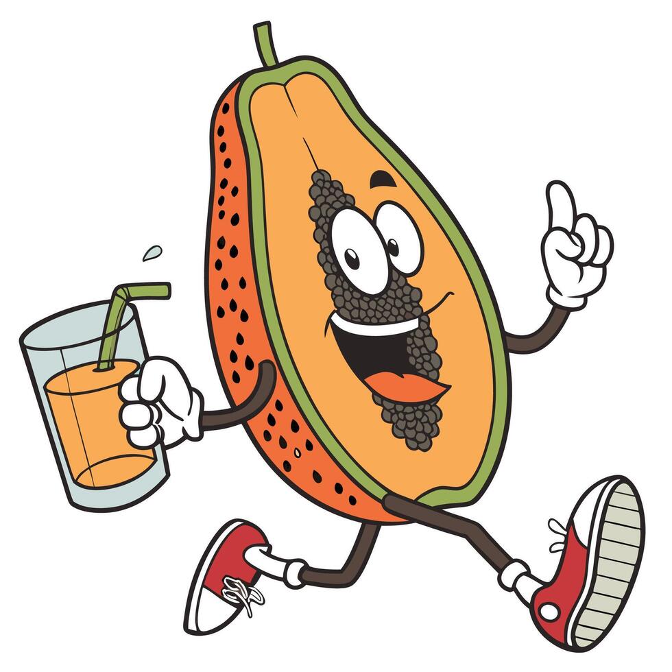 papaya fruit mascot running with a glass of juice vector