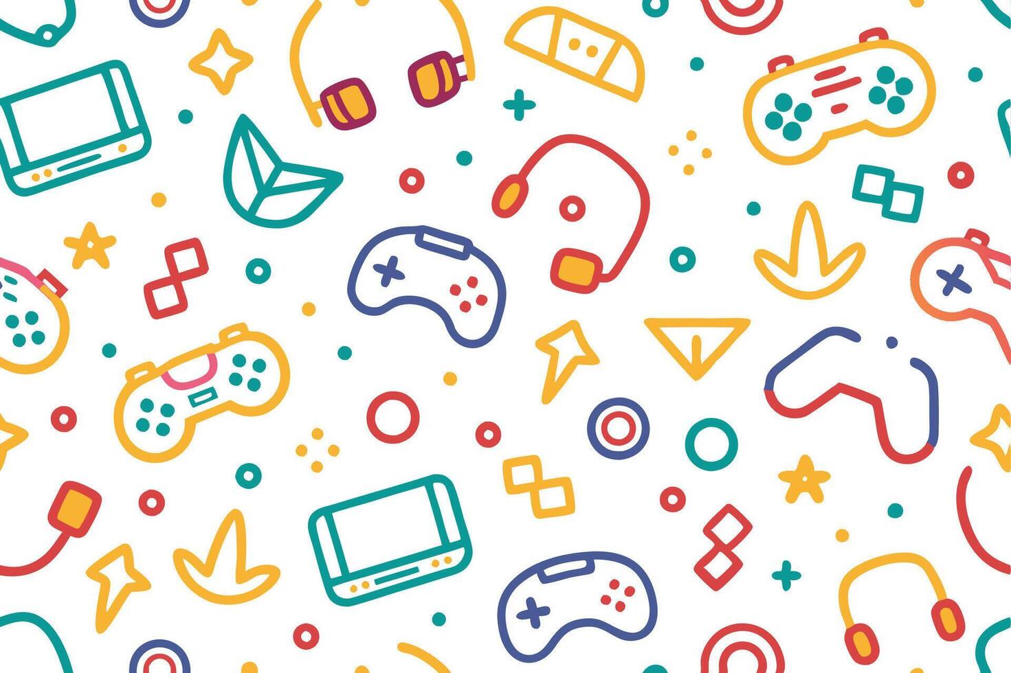 a colorful pattern with game controllers and other items vector